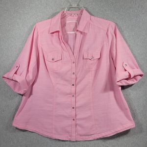 Cato Shirt 18W Cotton Pink Roll Tab 3/4 Sleeve Pockets Button Front Womens